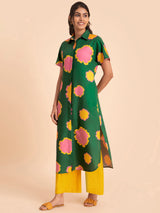 Buy Green and Yellow Floral Shirt Collar Kurta Set Online | Pink Fort
