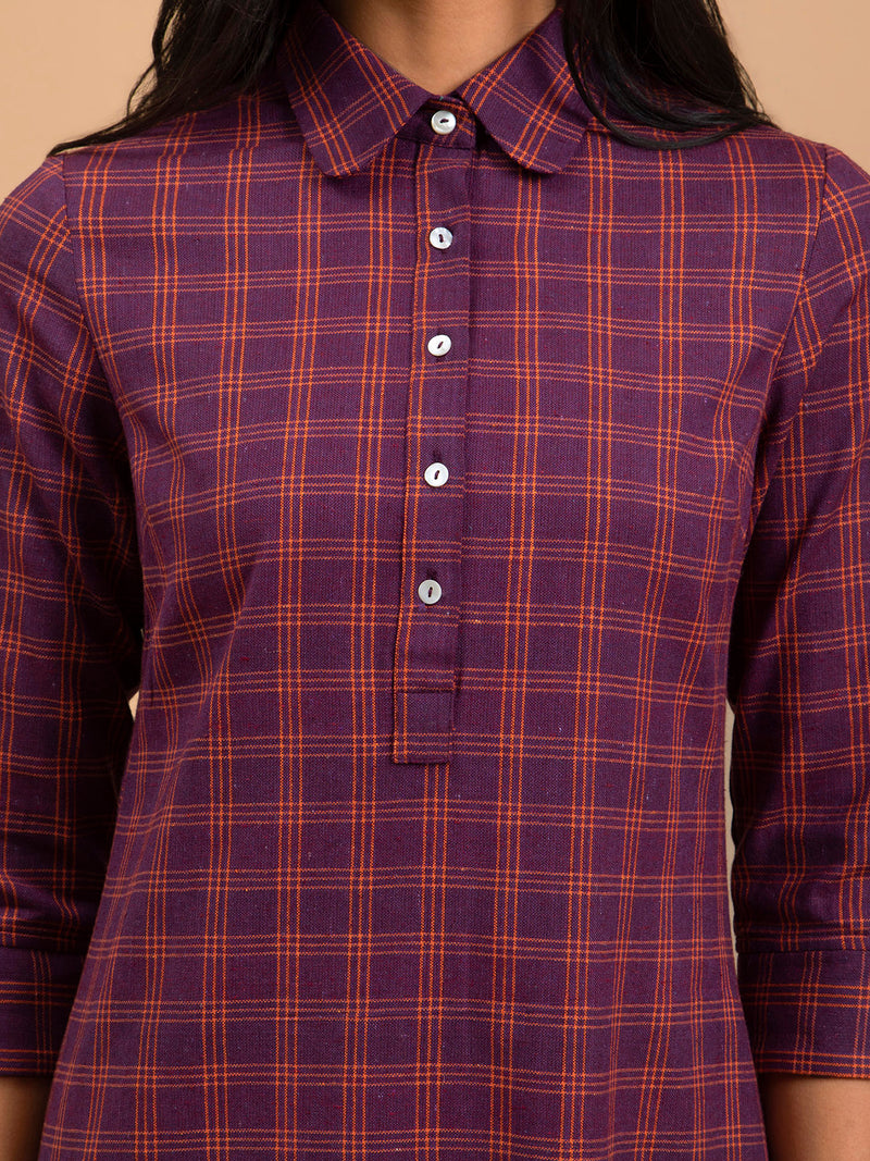 Buy Wine Checkered Cotton Kurta Set Online | Pink Fort