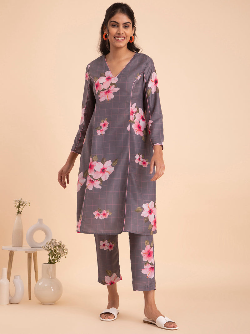 Buy Grey Floral Straight Muslin Kurta Set Online | Pink Fort