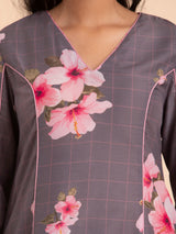 Buy Grey Floral Straight Muslin Kurta Set Online | Pink Fort