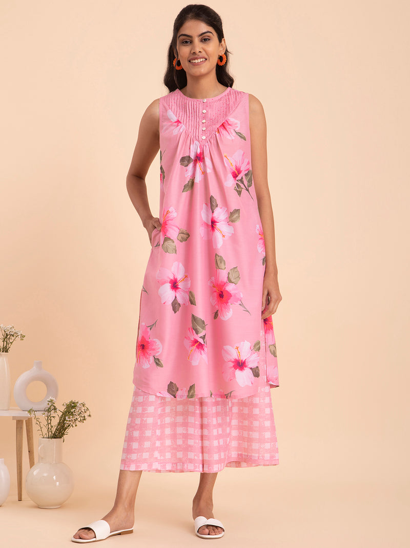 Buy Pink Floral and Check Muslin Kurta Set Online | Pink Fort