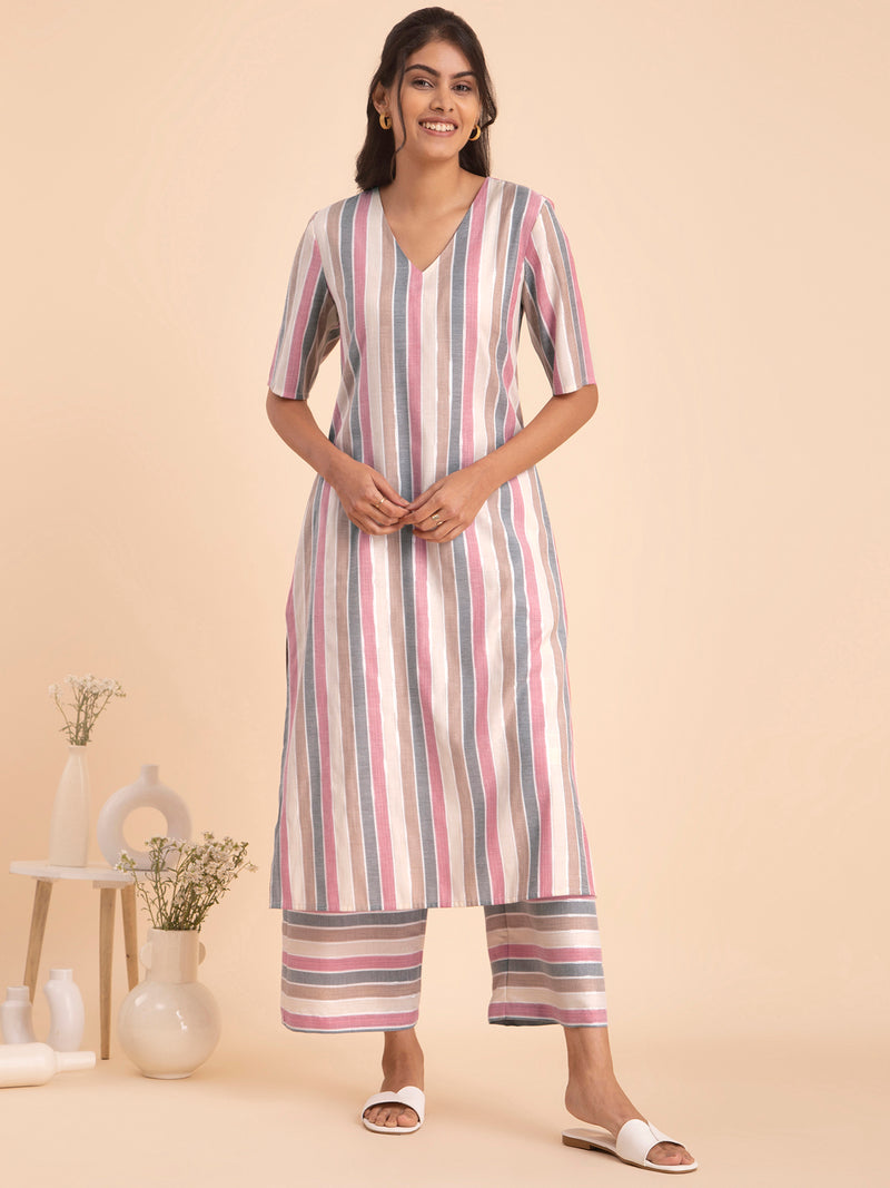 Buy Cream Cotton Striped Straight Kurta Set Online | Pink Fort