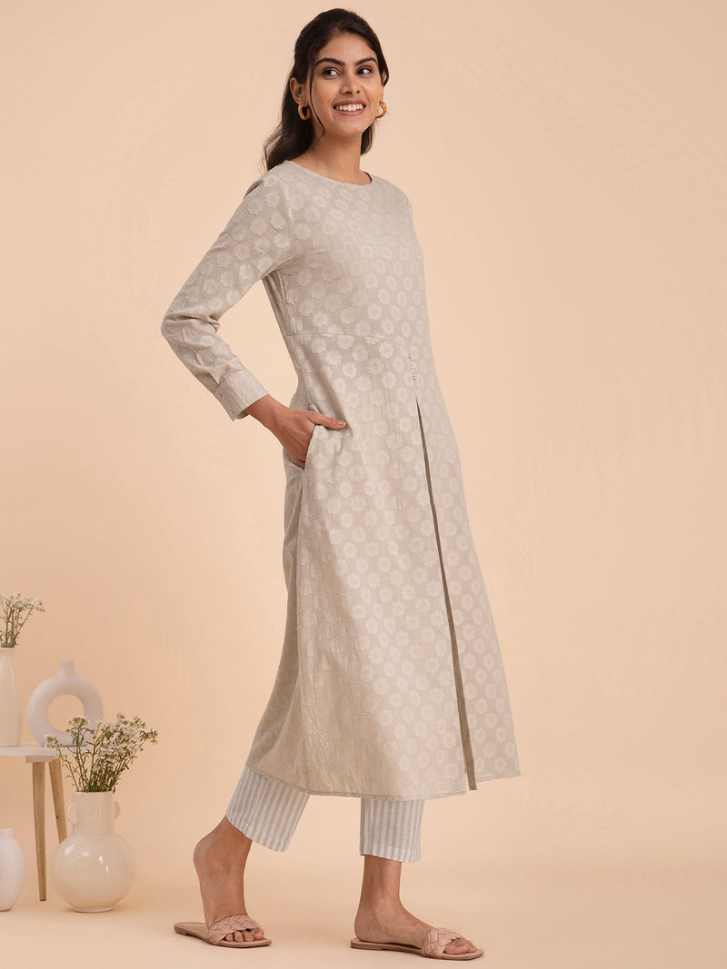 Buy Beige Cotton Jacquard Floral Kurta Set Online | Pink Fort