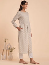 Buy Beige Cotton Jacquard Floral Kurta Set Online | Pink Fort