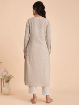Buy Beige Cotton Jacquard Floral Kurta Set Online | Pink Fort