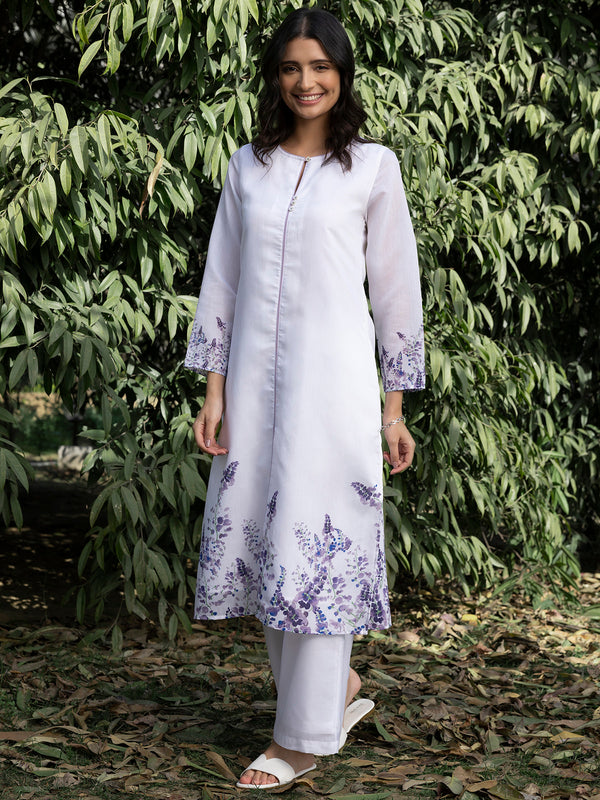 Buy White And Lilac Chanderi Floral Round Neck Kurta Set Online | Pink Fort