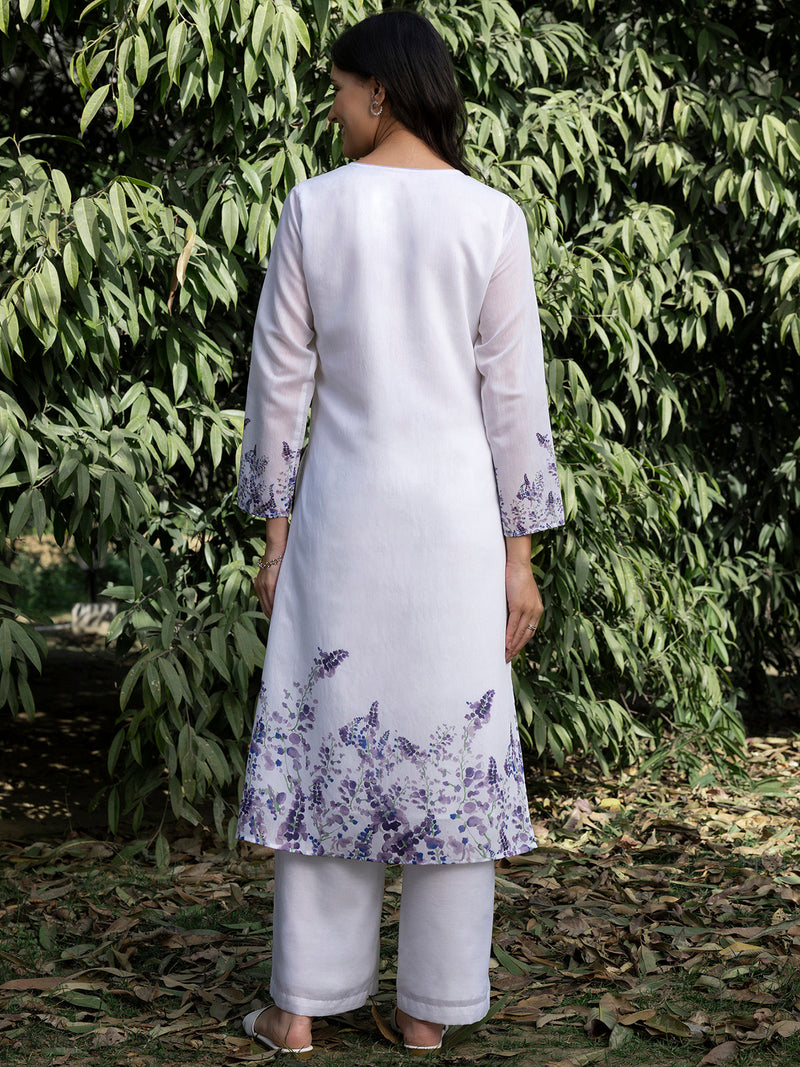 Buy White And Lilac Chanderi Floral Round Neck Kurta Set Online | Pink Fort