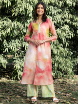 Buy Pink And Light Green Chanderi V Neck Kurta Set Online | Pink Fort
