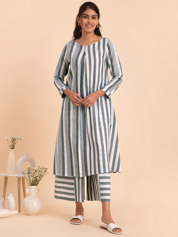 Buy Black and White Cotton Striped A line Kurta Set Online | Pink Fort