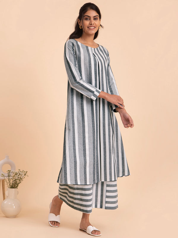 Buy Black and White Cotton Striped A line Kurta Set Online | Pink Fort