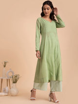 Buy Green Flared Cotton Jacquard Kurta Set Online | Pink Fort