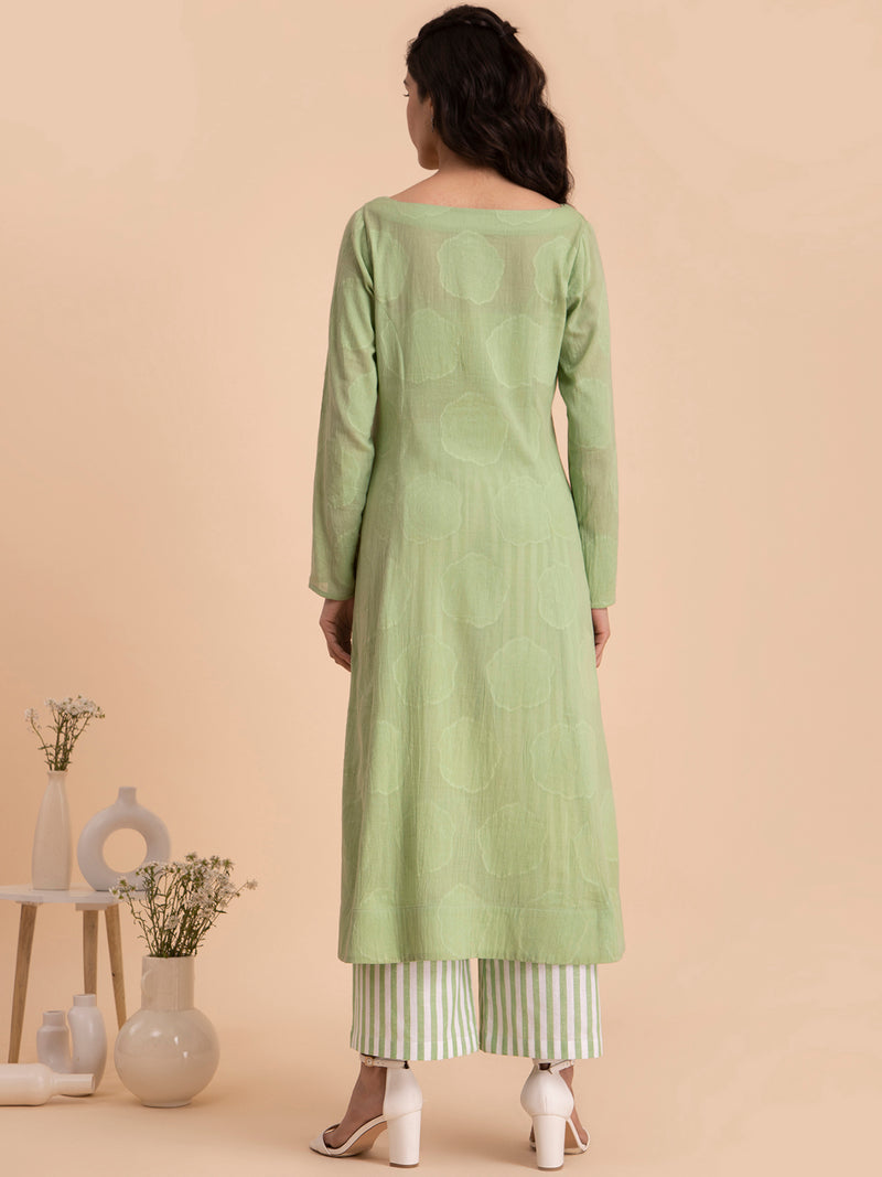 Buy Green Flared Cotton Jacquard Kurta Set Online | Pink Fort
