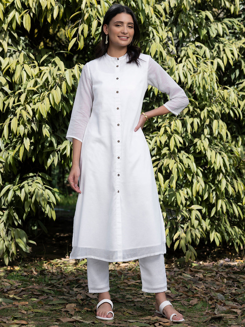 Buy White Cotton A line Kurta Set Online | Pink Fort