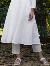 Buy White Cotton Jacquard Anarkali Kurta Set With Slip Blouse Online | Pink Fort