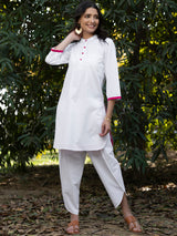 Buy White and Pink Cotton Mandarin Collar Kurta Set Online | Pink Fort