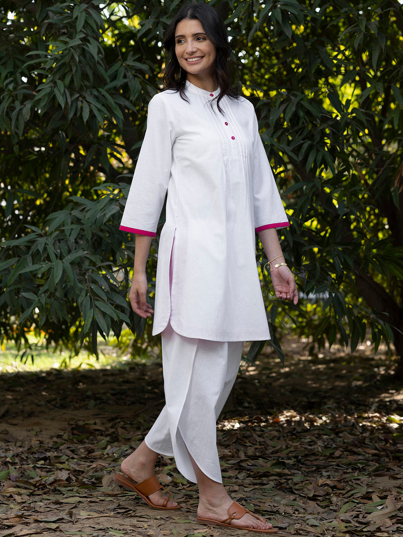 Buy White and Pink Cotton Mandarin Collar Kurta Set Online | Pink Fort