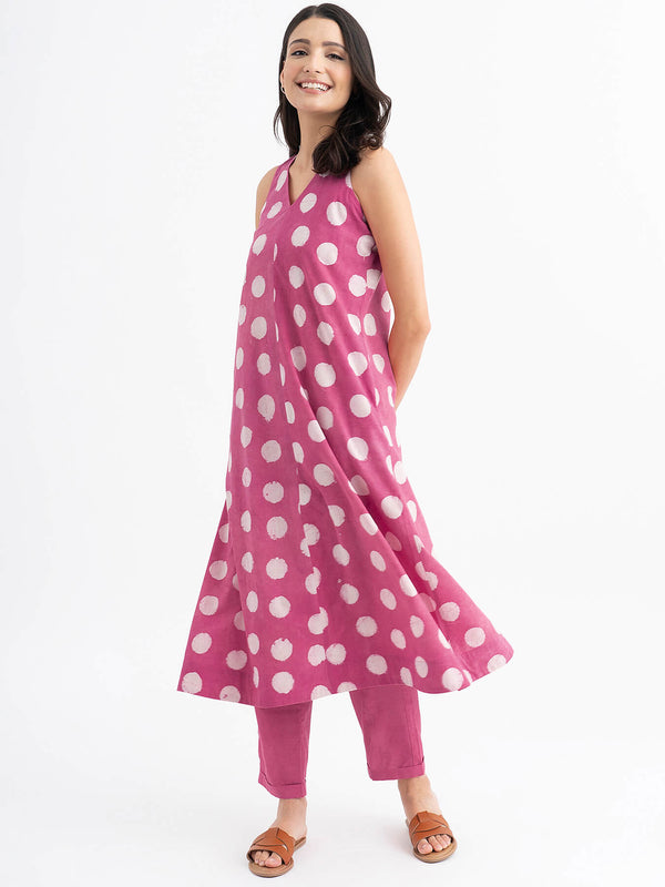 Cotton Sleeveless Dabu Handblock Polka Printed Kurta Set - Pink