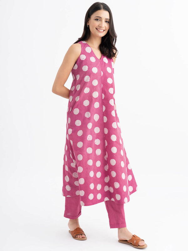 Cotton Sleeveless Dabu Handblock Polka Printed Kurta Set - Pink