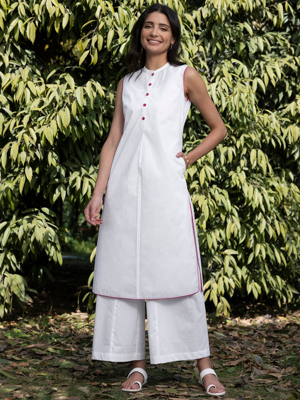 Buy White Sleeveless Cotton Poplin Kurta Set Online | Pink Fort