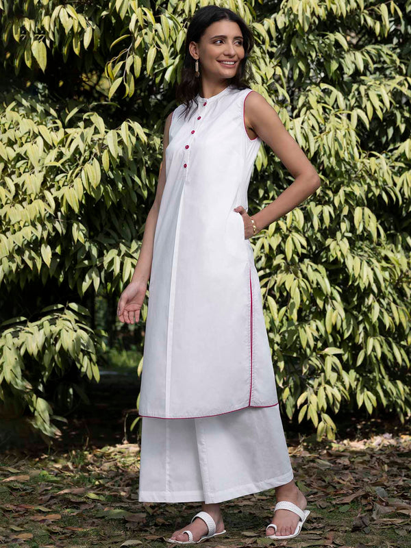 Buy White Sleeveless Cotton Poplin Kurta Set Online | Pink Fort