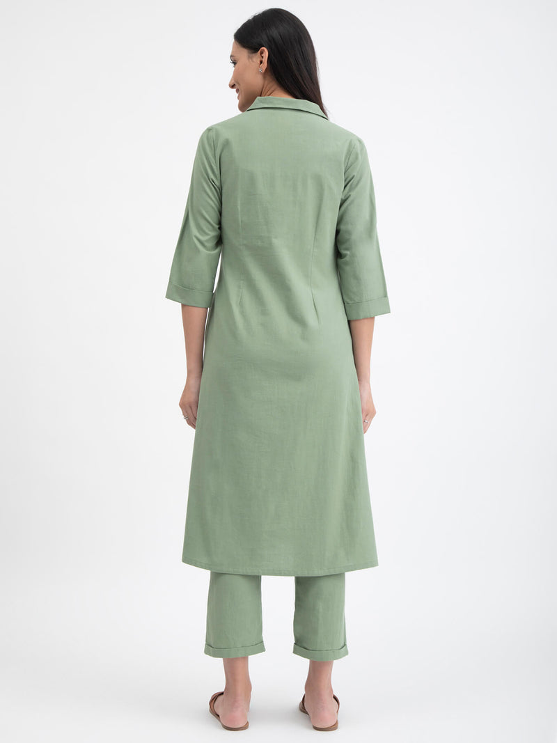 Buy Green Linen Blend A line Kurta Set Online | Pink Fort
