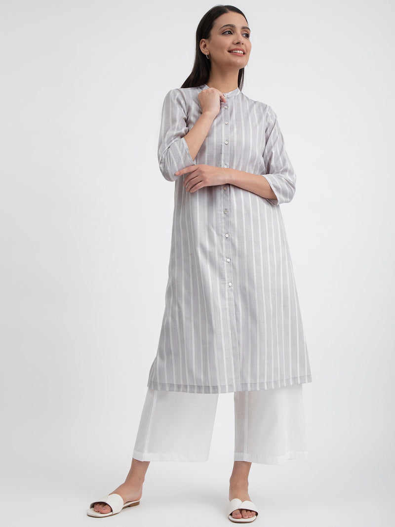 Buy Grey Cotton Striped A line Kurta Set Online | Pink Fort