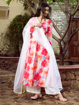 Buy Pink and White Chanderi Floral Kurta Set With Dupatta Online | Pink fort