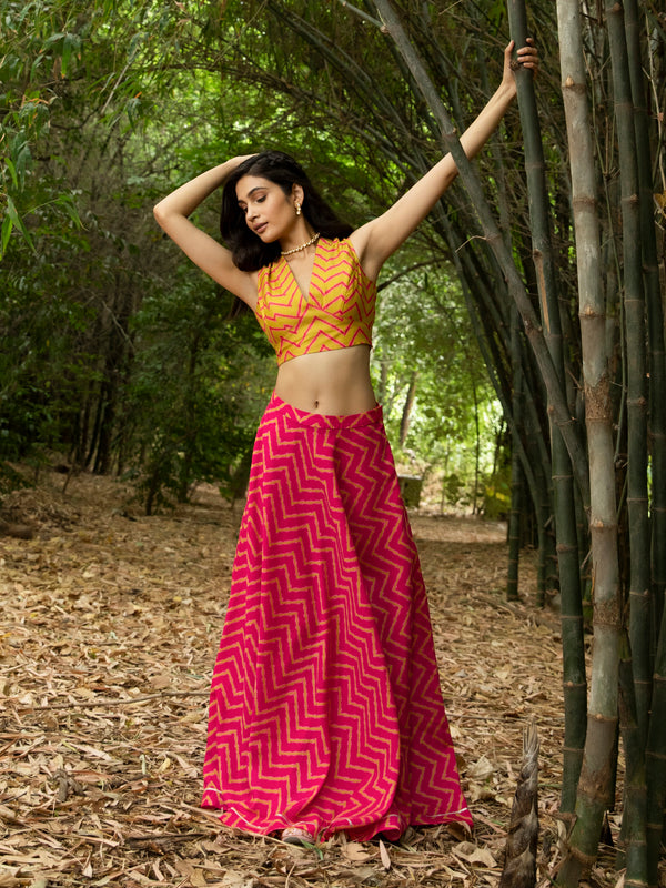 Buy Pink Chanderi Chevron Print Skirt Online | Pinkfort