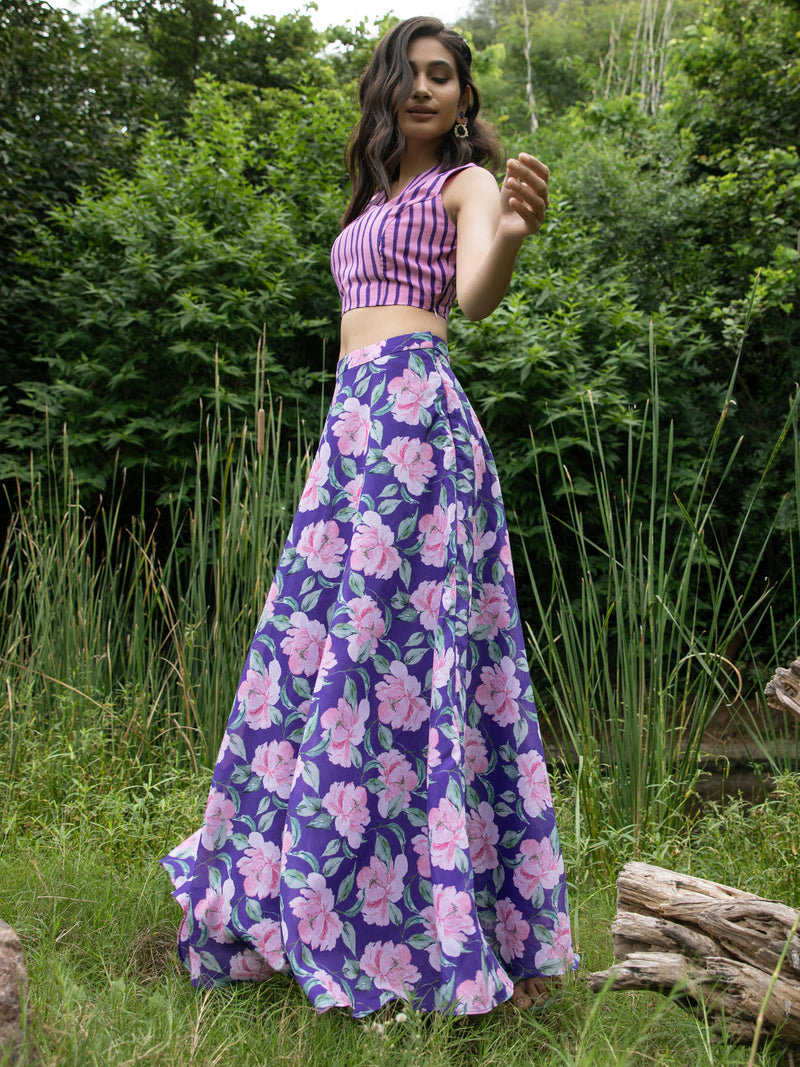 Buy Violet and Pink Chanderi Floral Skirt Online | Pinkfort