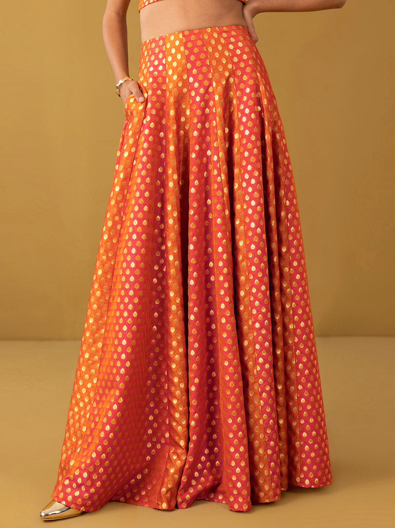 Buy Orange Chanderi Brocade Flared Skirt - Orange Online | Pink Fort
