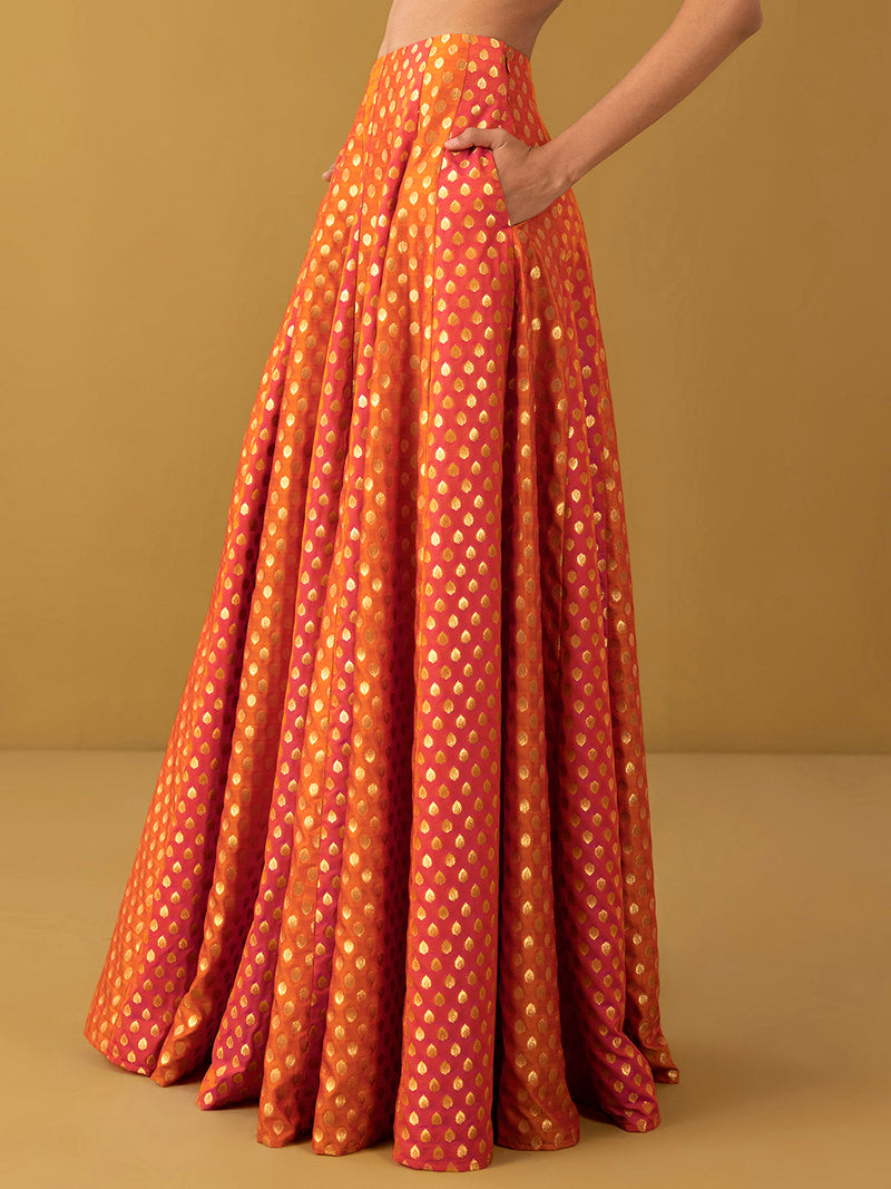 Buy Orange Chanderi Brocade Flared Skirt - Orange Online | Pink Fort