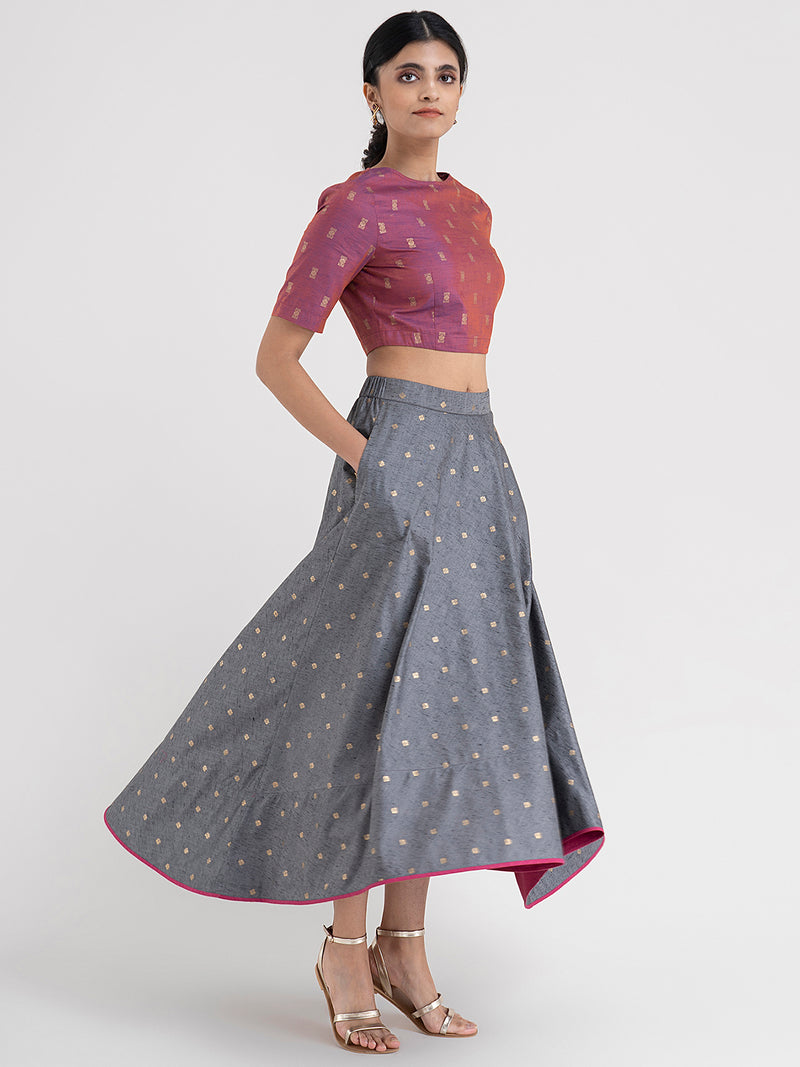 Buy Grey Flared Gold Foil Print Skirt Online | Pinkfort