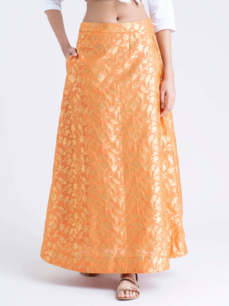 Buy Orange Flared Brocade Skirt Online | Pinkfort