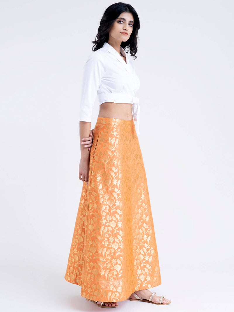Buy Orange Flared Brocade Skirt Online | Pinkfort