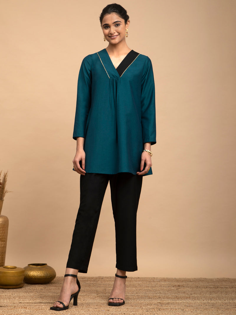 Buy Teal and Black Colour Block Silk Tunic Online | Marigold