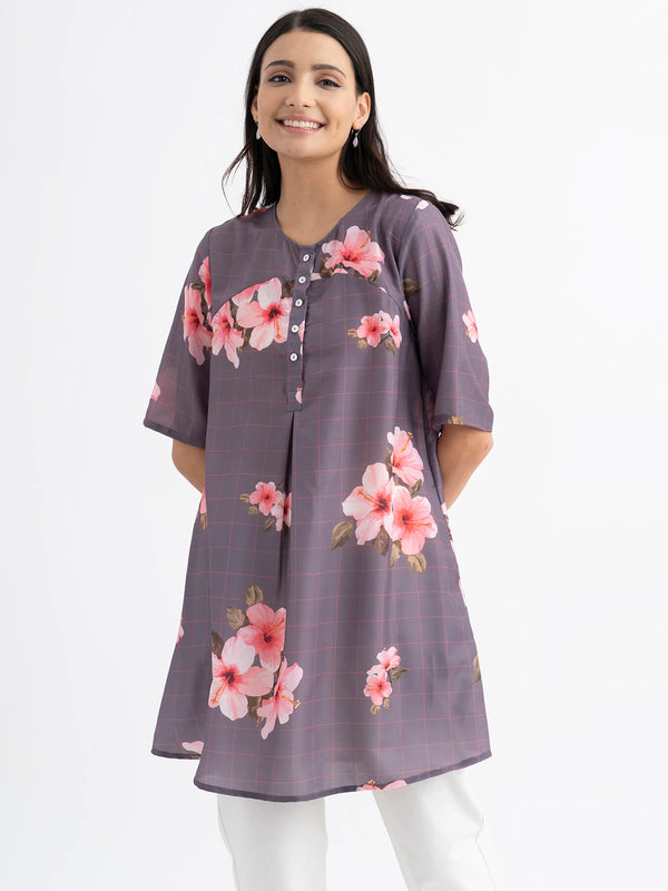 Floral And Check Muslin Tunic - Grey