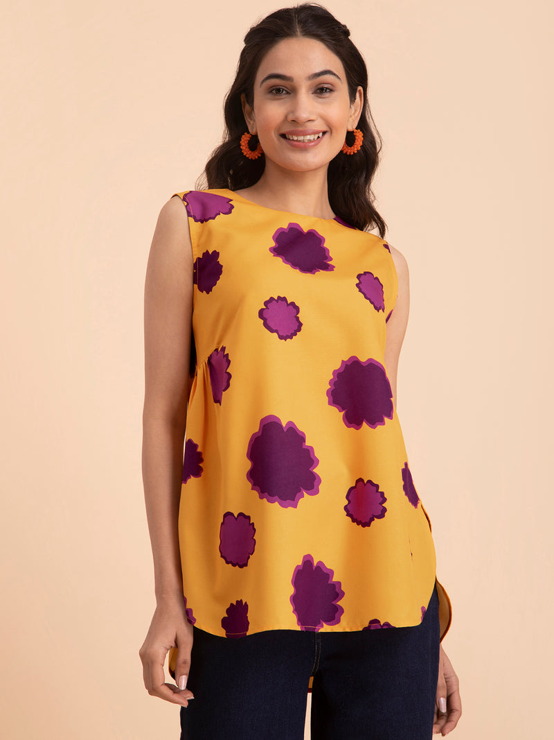 Buy Yellow and Purple Floral Sleeveless Top Online | Pink Fort