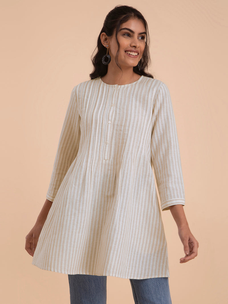 Buy Beige Cotton Striped Tunic Online | Pink Fort