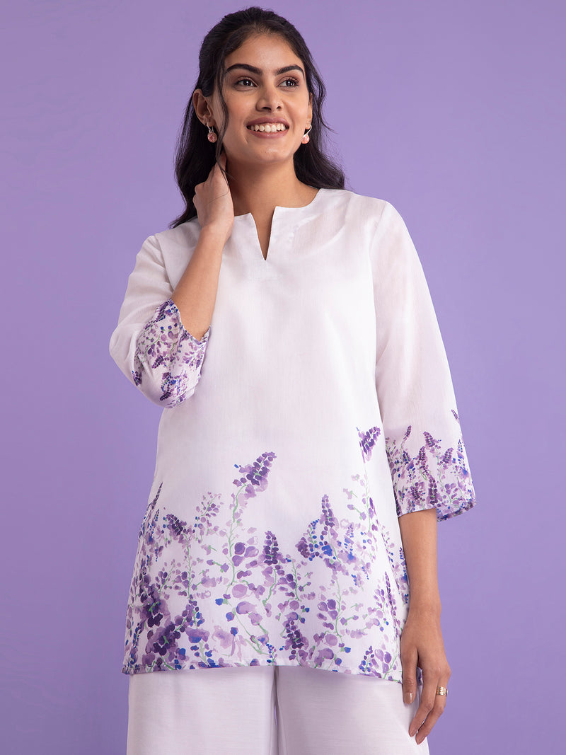 Buy White And Lilac Chanderi Floral Round Neck Tunic Online | Pink Fort