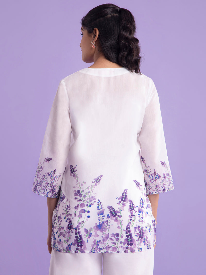 Buy White And Lilac Chanderi Floral Round Neck Tunic Online | Pink Fort