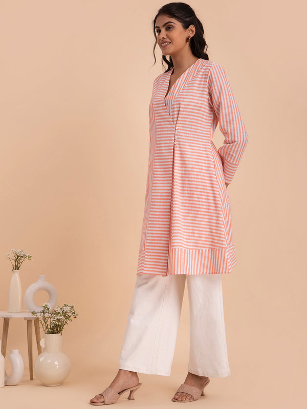 Buy Orange Striped Cotton Wrap Around Kurta Online | Pink Fort