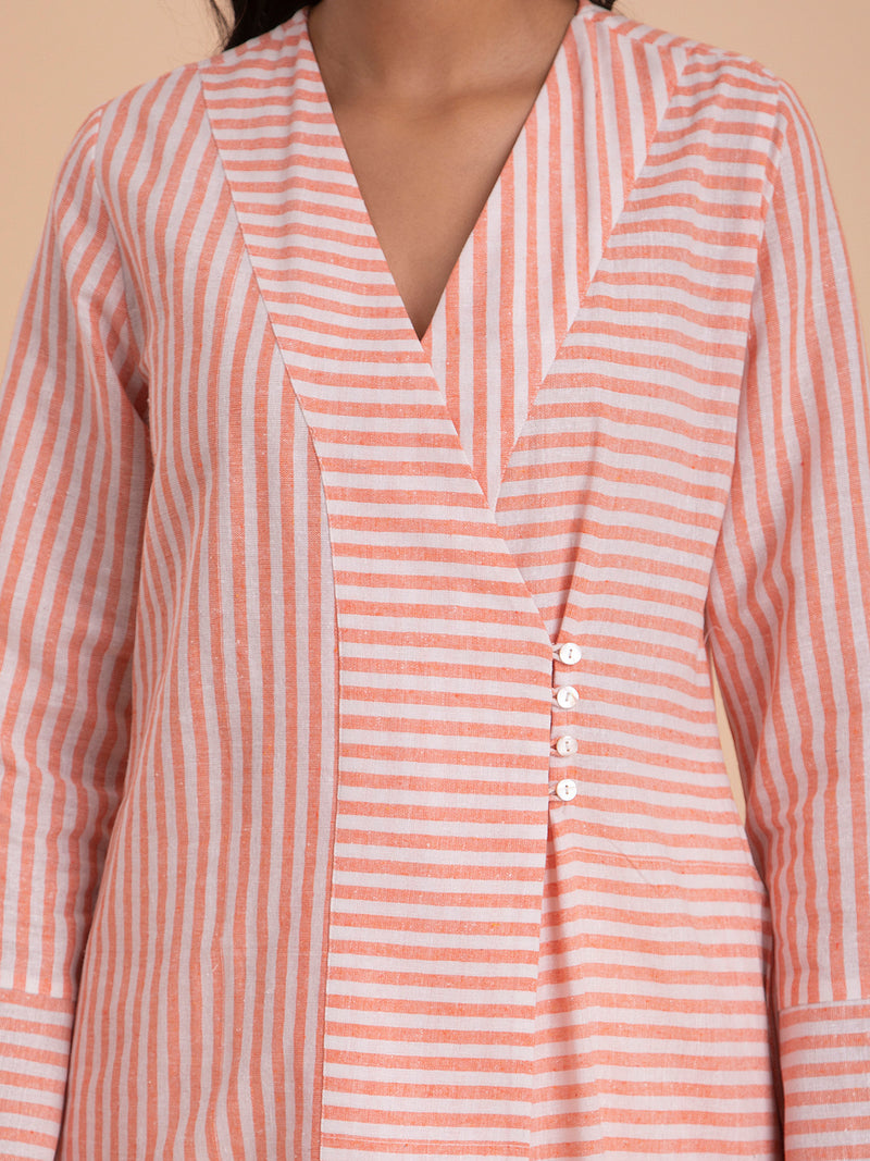 Buy Orange Striped Cotton Wrap Around Kurta Online | Pink Fort