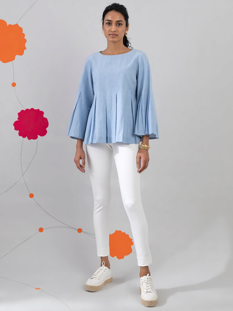 Buy Blue Pleated Chambray Cotton Top Online | Marigold