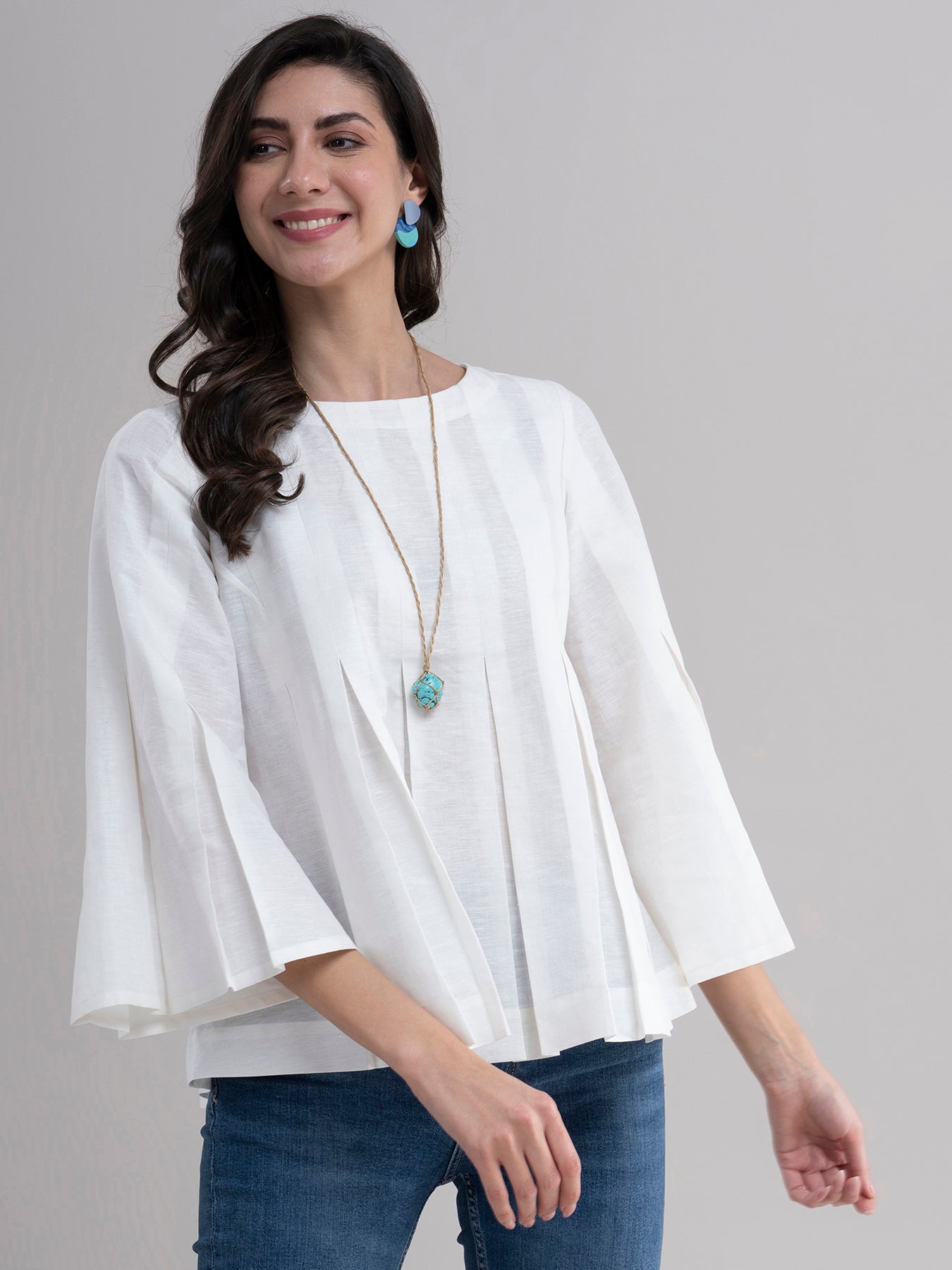 Buy White Flared Linen Pleated Top Online | Pinkfort – Pink Fort by ...