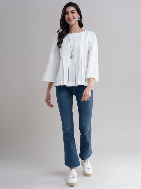 Buy White Flared Linen Pleated Top Online | Marigold