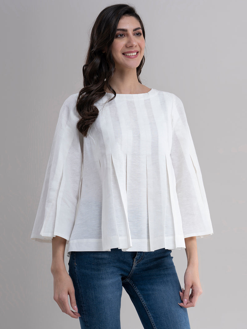 Buy White Flared Linen Pleated Top Online | Marigold