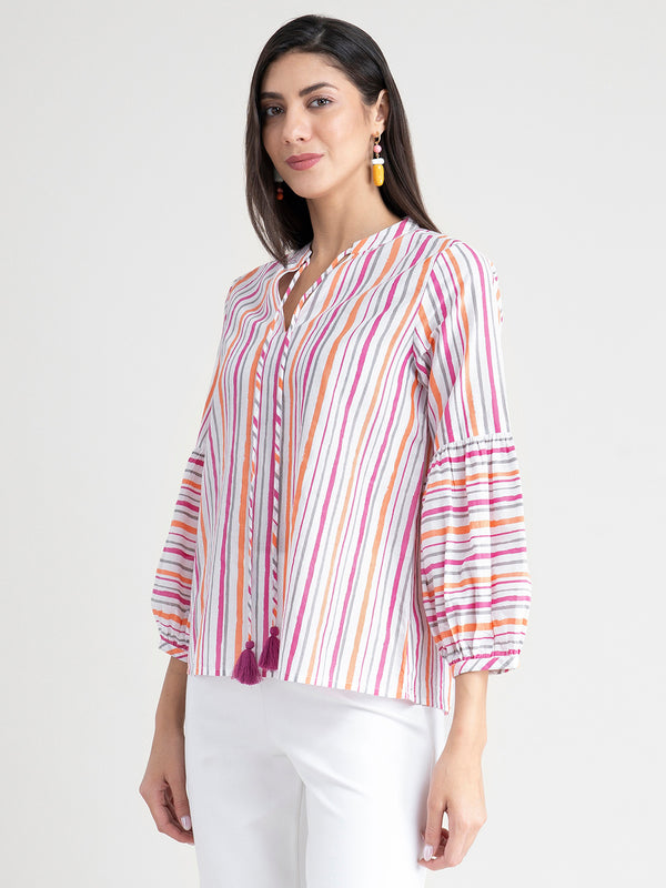 Buy Orange And Pink Contrast Striped Cotton Top Online | Marigold