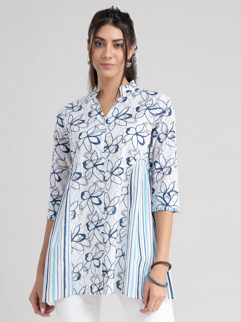 Buy Grey And Blue Floral And Striped Cotton Top Online | Marigold