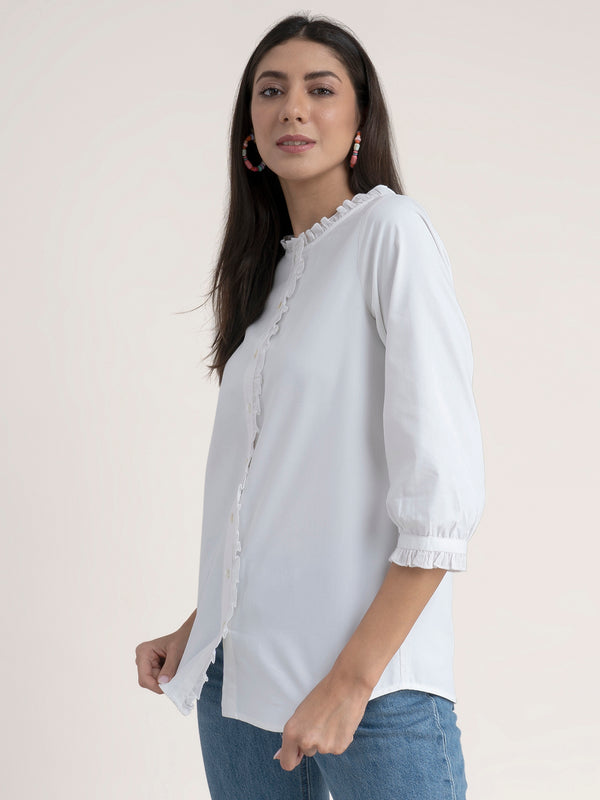 Buy White Solid Cotton Ruffle Top Online | Marigold