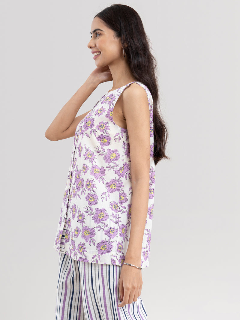 Buy Lilac Cotton Floral Sleeveless Top Online | Marigold